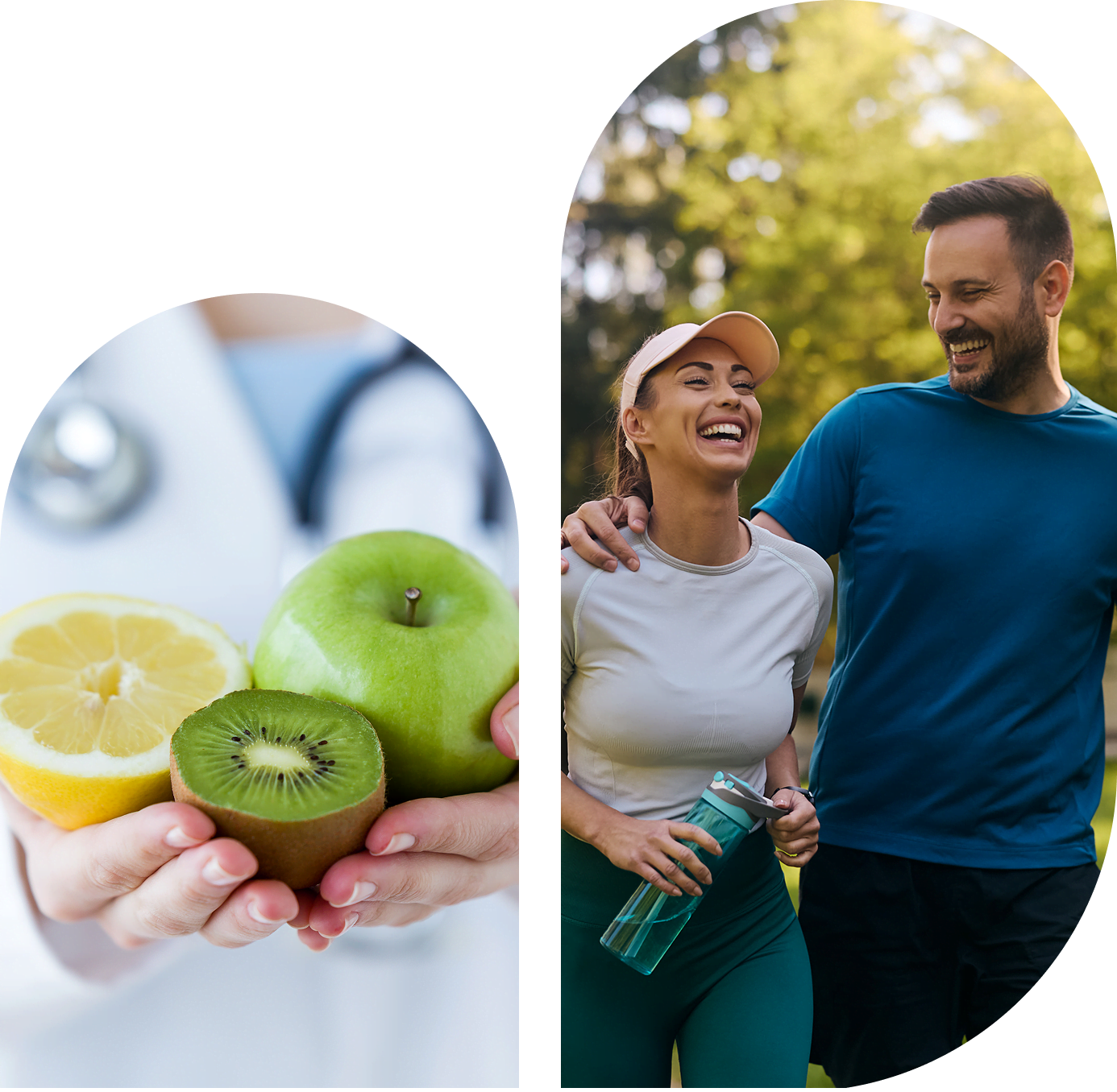 Doctor with fruits; couple exercising outdoors.
