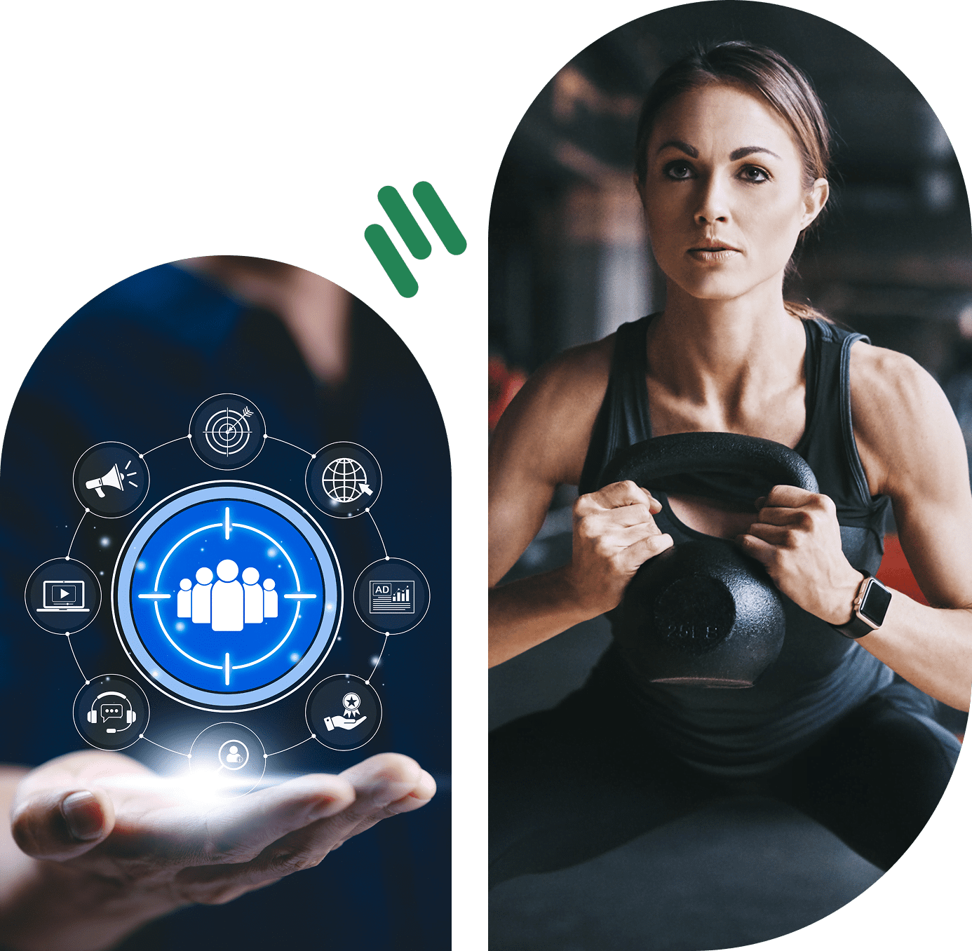 Woman lifting kettlebell; digital interface overlay.