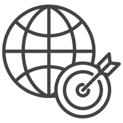 Globe and target icon on black background.